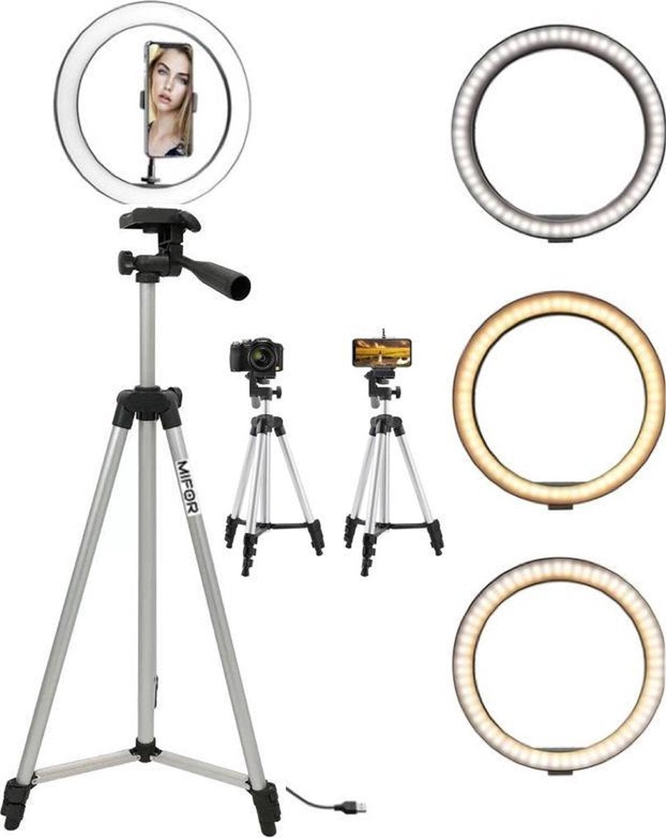MIFOR® LED Ringlamp met Zilveren statief (verstelbaar vanaf 35 cm - 102 cm) incl. telefoonhouder - Filmen - TikTok - Make-Up lamp - Zilveren statief