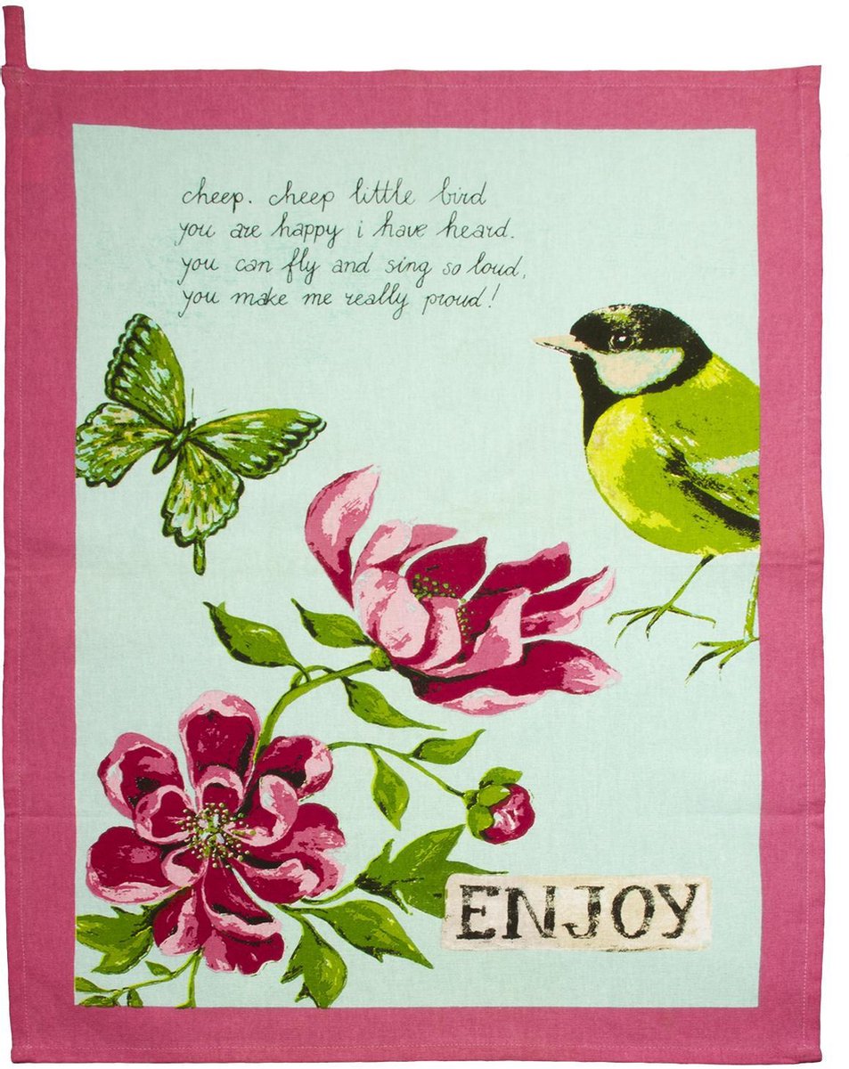 Jet - Keukendoek - Theedoek - Blauw - Roze - Bloem - Vogel