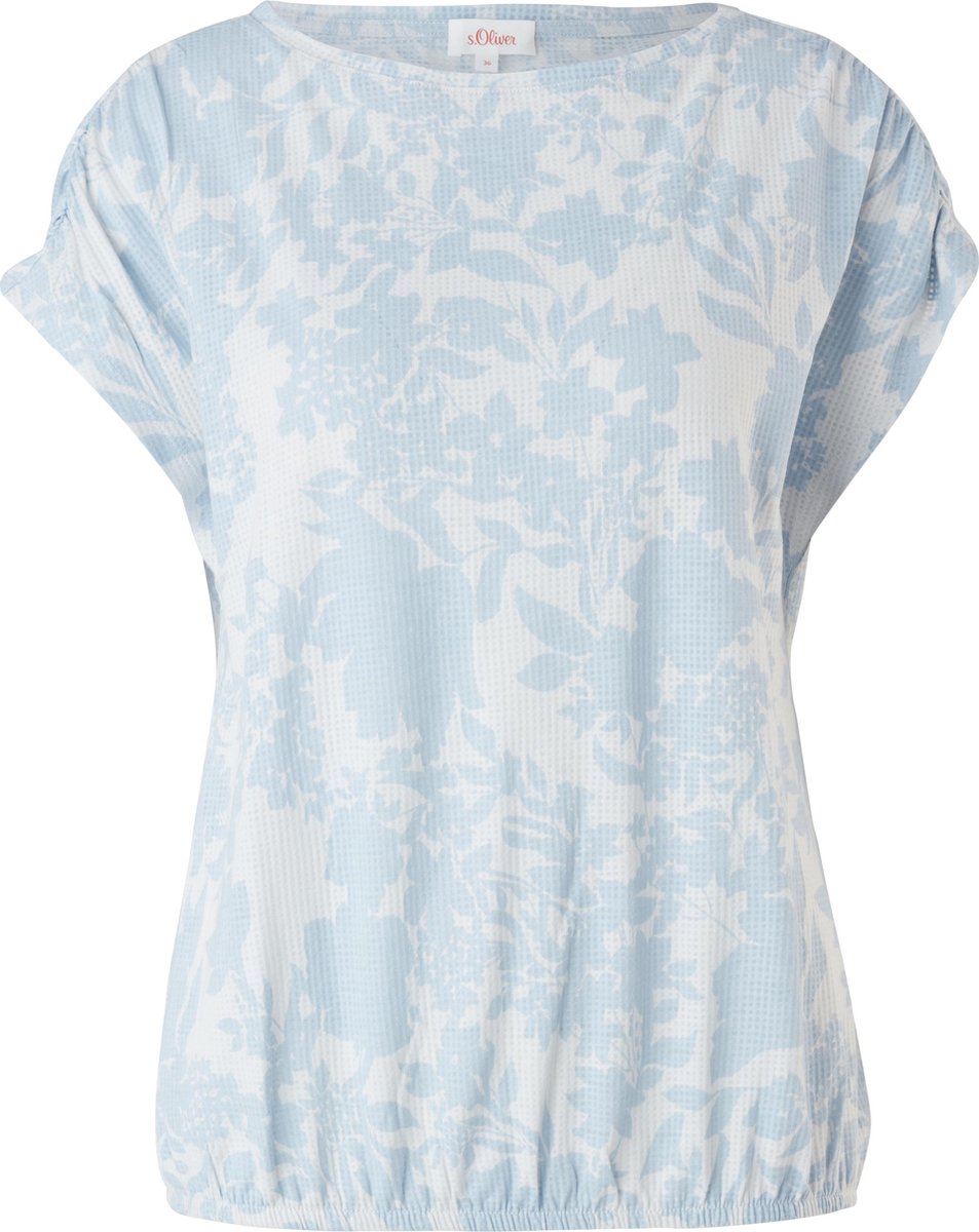 s.Oliver Dames Shirt Korte Mouw - Losse Pasvorm - Brede Halslijn - Bloemenprint - Lichtblauw - Maat XS (34)