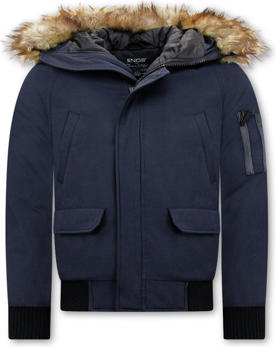 Enos Korte Heren Winterjas – Met Faux Bontkraag – Blauw - Maat: XL
