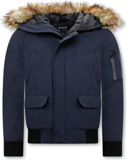 Enos Korte Heren Winterjas – Met Faux Bontkraag – Blauw - Maat: M