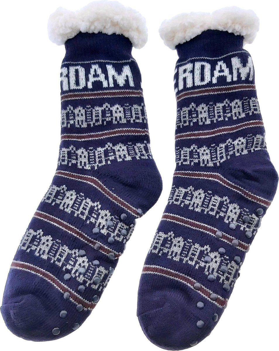1 paar Blauwe Grachten Comfort Warme Premium Thermo sokken- One Size - Antislip Dikke Sokken Mannen en Dames - Noorse sokken - Slofsokken- Gevoerde Wintersokken - Huissokken - Dikke Sokken - Unisex - Warme Sokken - Amsterdam