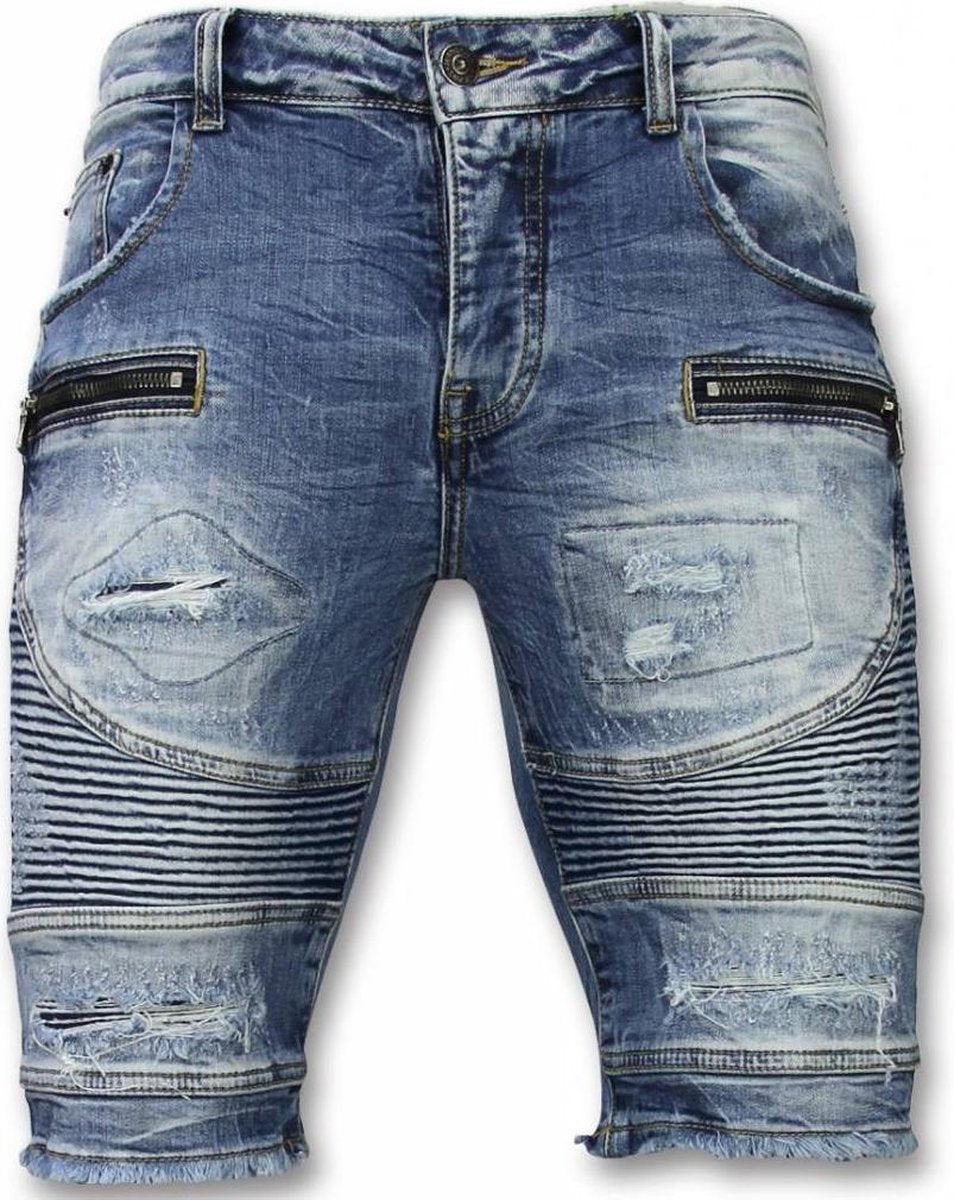 Enos Korte Broeken Heren - Slim Fit Ripped Biker Shorts - Blauw - Maten: 34