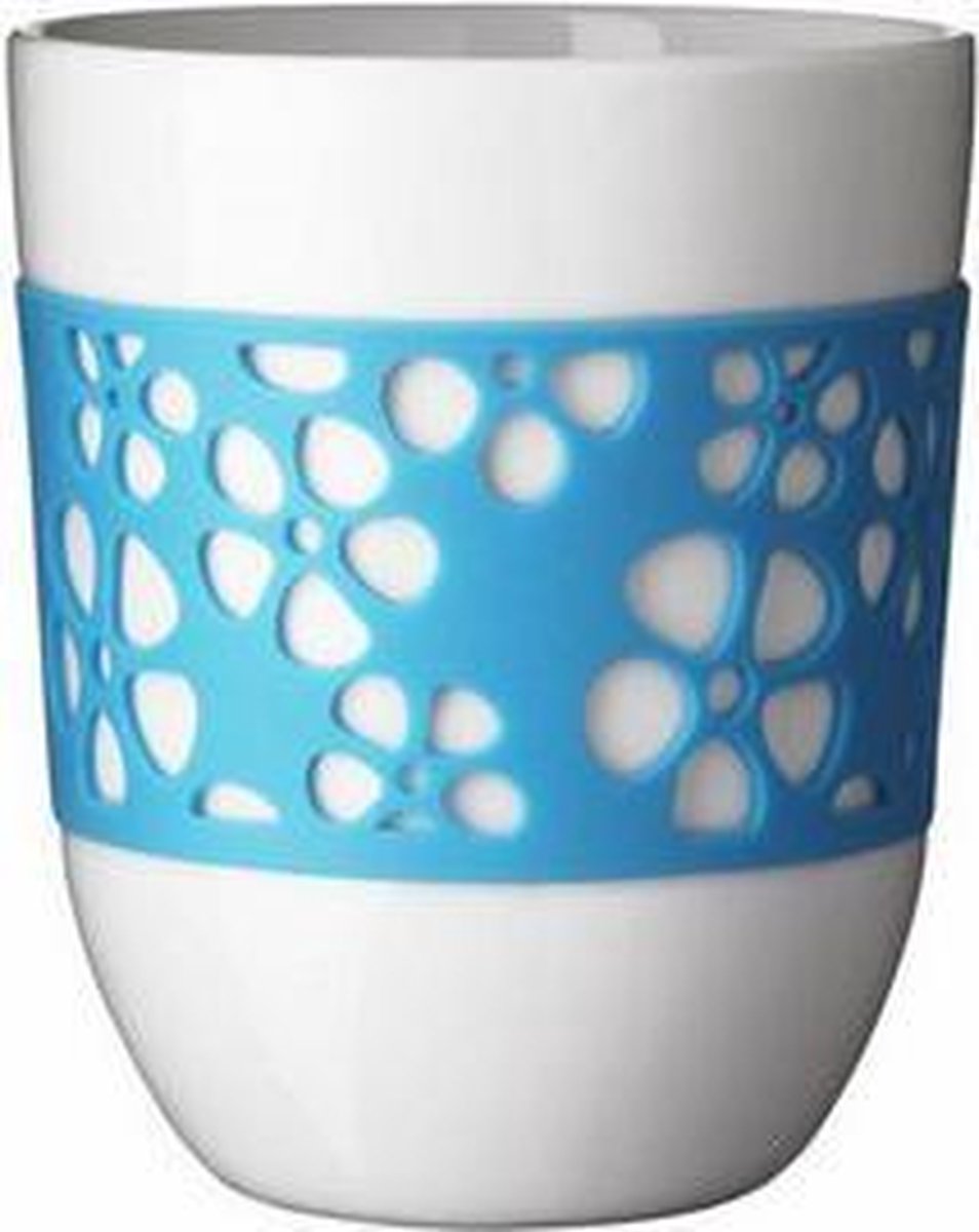 Q-Do Beker Porselein - Dubbelwandig - Siliconen - Bloemmotief - Turquoise - Set van 2 stuks