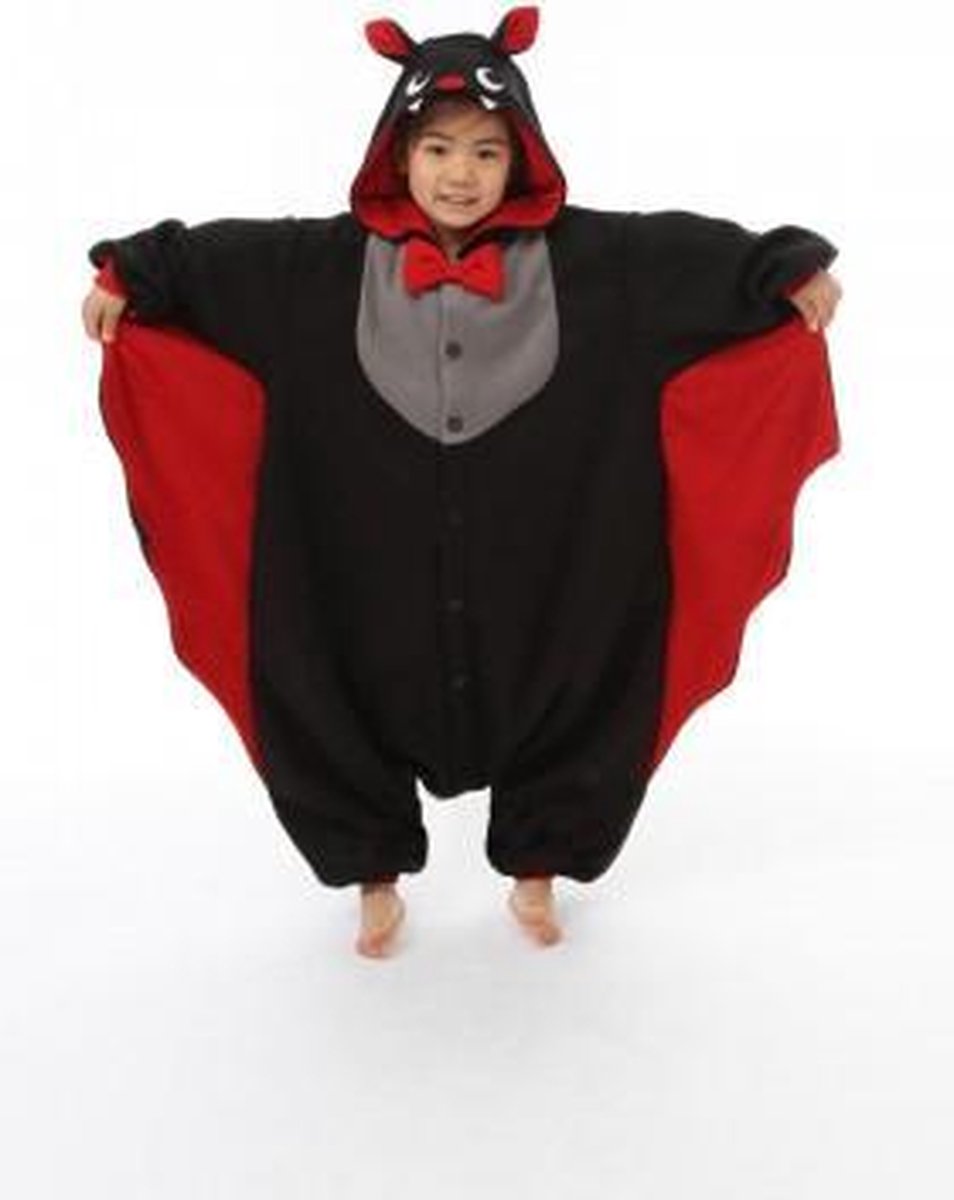 KIMU Onesie vleermuis kinder pak vampier kostuum - maat 128-134 - vleermuispak vampierpak jumpsuit pyjama halloween