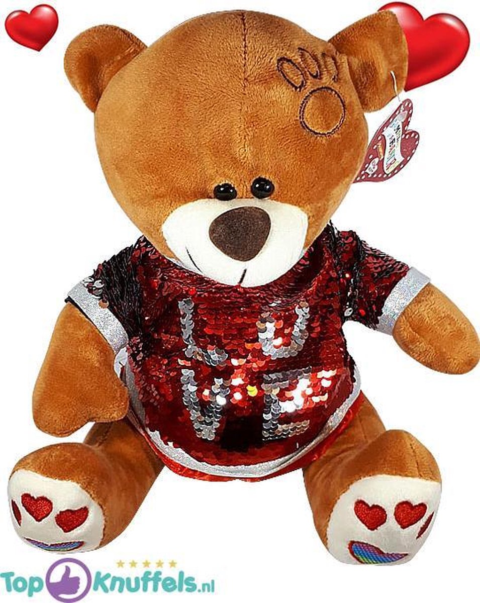 Bruine Teddybeer met rood glitter shirtje LOVE 32 cm | knufelbeer pluche knuffel love beer | Ik Hou Van Jou / I Love You bear | Beertje met hart liefde | Beer met hartje 32cm | Valentijnsdag Cadeau Valentines day Gift | Valentijn kado vrouw man