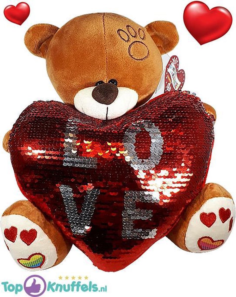 Bruine Teddybeer met glitter hart ''LOVE'' 32 cm | knuffelbeer pluche knuffel love beer | Ik Hou Van Jou / I Love You bear | Beertje met hart liefde | Baby plush beer met hartje 32cm | Valentijnsdag / Valentines day Gift | Valentijn kado vrouw man