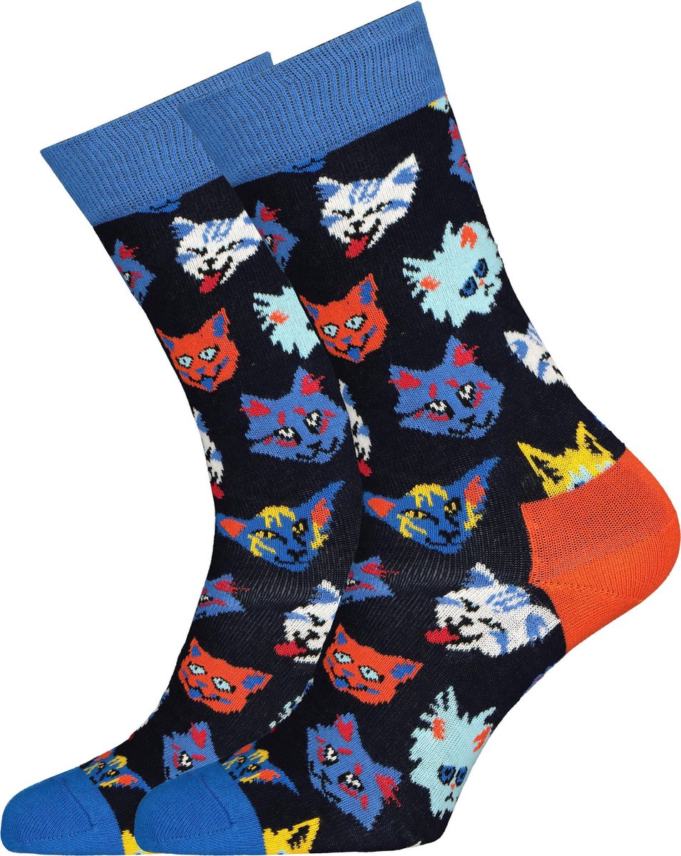 Happy Socks - Funny Cat - zwart blauw oranje - maat 41-46