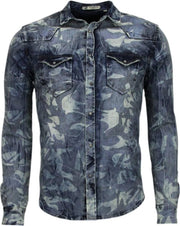 Enos Denim Overhemd - Slim Fit Lange Mouwen Heren - Leger Motief - Blauw - Maten: XS