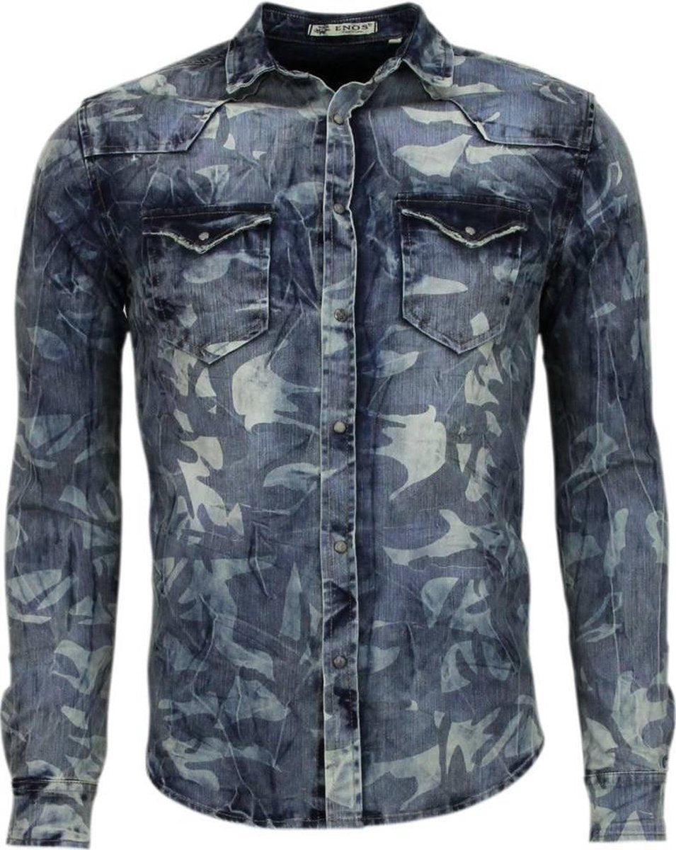 Enos Denim Overhemd - Slim Fit Lange Mouwen Heren - Leger Motief - Blauw - Maten: XS