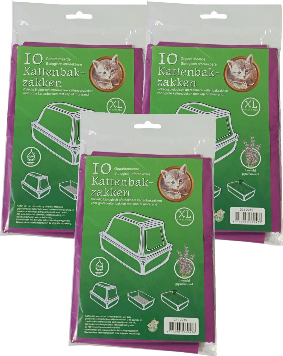 30x stuks bio kattenbak afvalzakken lavendel 51 x 20 x 46 cm - Kattenbakzakken