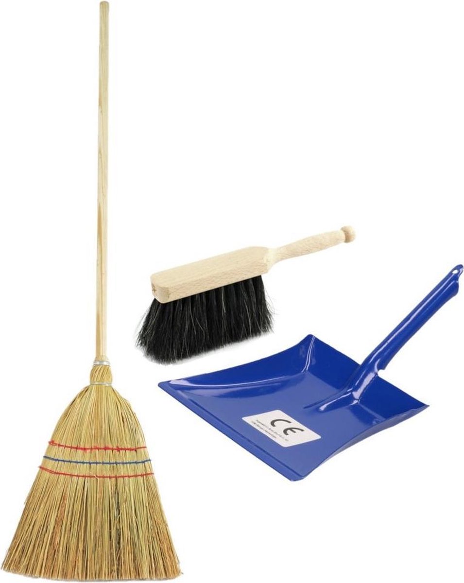Kinder schoonmaak set 3-delig blauw bestaande uit stoffer en blik en strobezem 90 cm