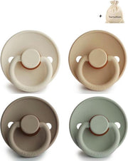 FRIGG | Fopspeen set 4 stuks | T2 | 6-18 maanden | Classic | Silicone | Cream + Croissant + Portobello + Sage | Met YOURMUSTHAVES speenzakje