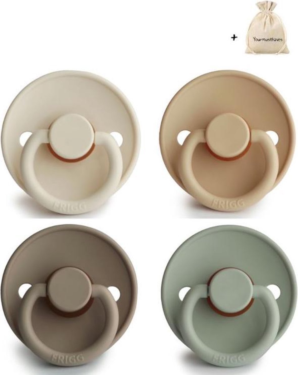 FRIGG | Fopspeen set 4 stuks | T2 | 6-18 maanden | Classic | Silicone | Cream + Croissant + Portobello + Sage | Met YOURMUSTHAVES speenzakje
