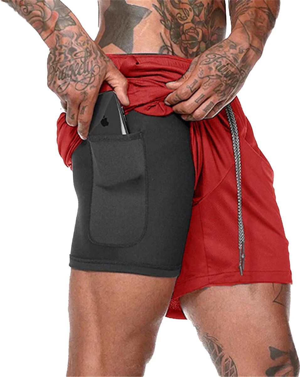 Sportbroek voor Heren - Gym broek met mobiel zak - 2 in 1 Shorts - Sport broekje – Fitness broek – Thermo sportbroek - trainingsbroek - short pants – Heren sportbroek