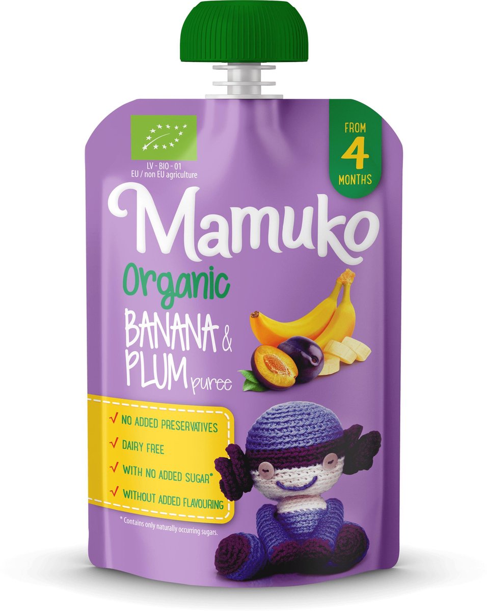 Mamuko biologisch knijpfruit - Banaan en pruimen puree 4+ mnd (6 x 100 g)