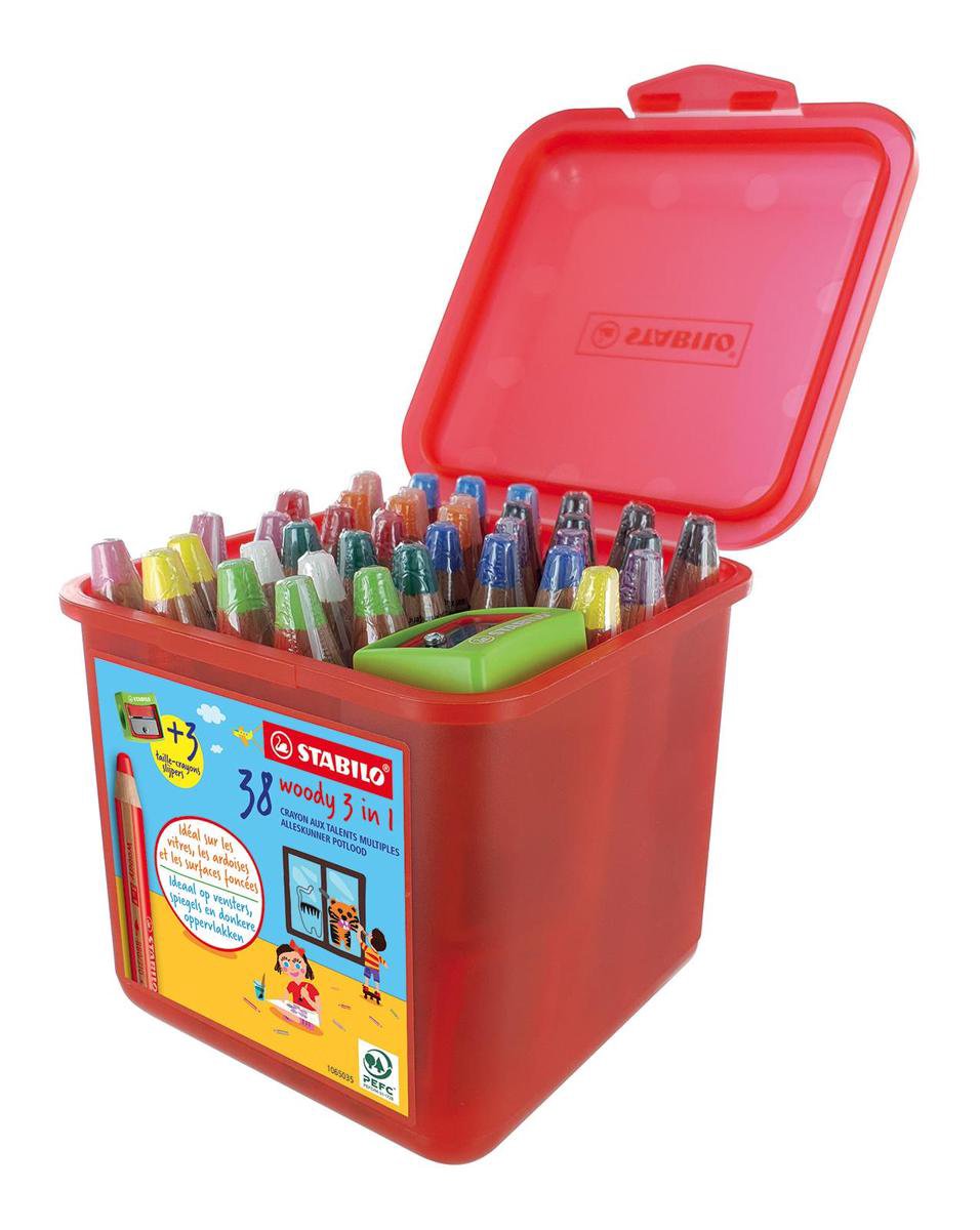 Kleurpotloden STABILO woody 3in1 - herbruikbaar doos met 38 stuks en 3 maxi potloodslijpers