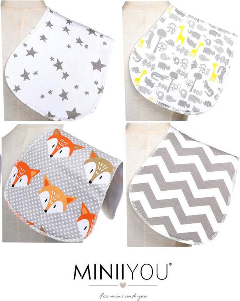4 stuks - Baby spuugdoekjes katoen waterproof met fleece - vos - monddoekjes - slabbetjes - jongens meisjes spuugdoeken