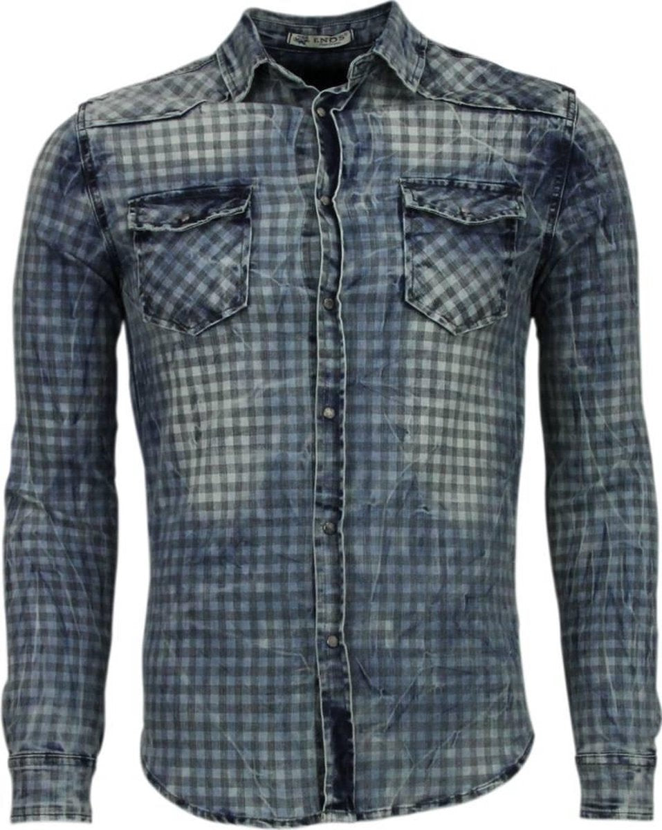 Enos Denim Overhemd - Slim Fit Lange Mouwen Heren - Ruiten Motief - Blauw - Maten: XS