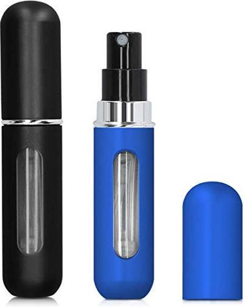 MaxedMore Navulbare Parfumverstuiver 5ml Zwart & Blauw - 65 Keer Spraybare Parfum Verstuiver - Hervulbaar Tasverstuiver voor Parfum - Meeneem Mini Geur Flesje voor op Reis - Lipstick Formaat Navulbaar Parfumflesje