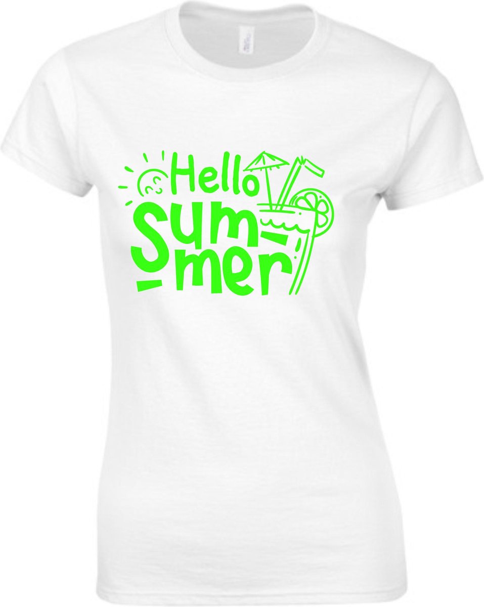 HELLO SUMMER Dames TSHIRT - Neon tekst Groen - Zomer t-shirt- LARGE