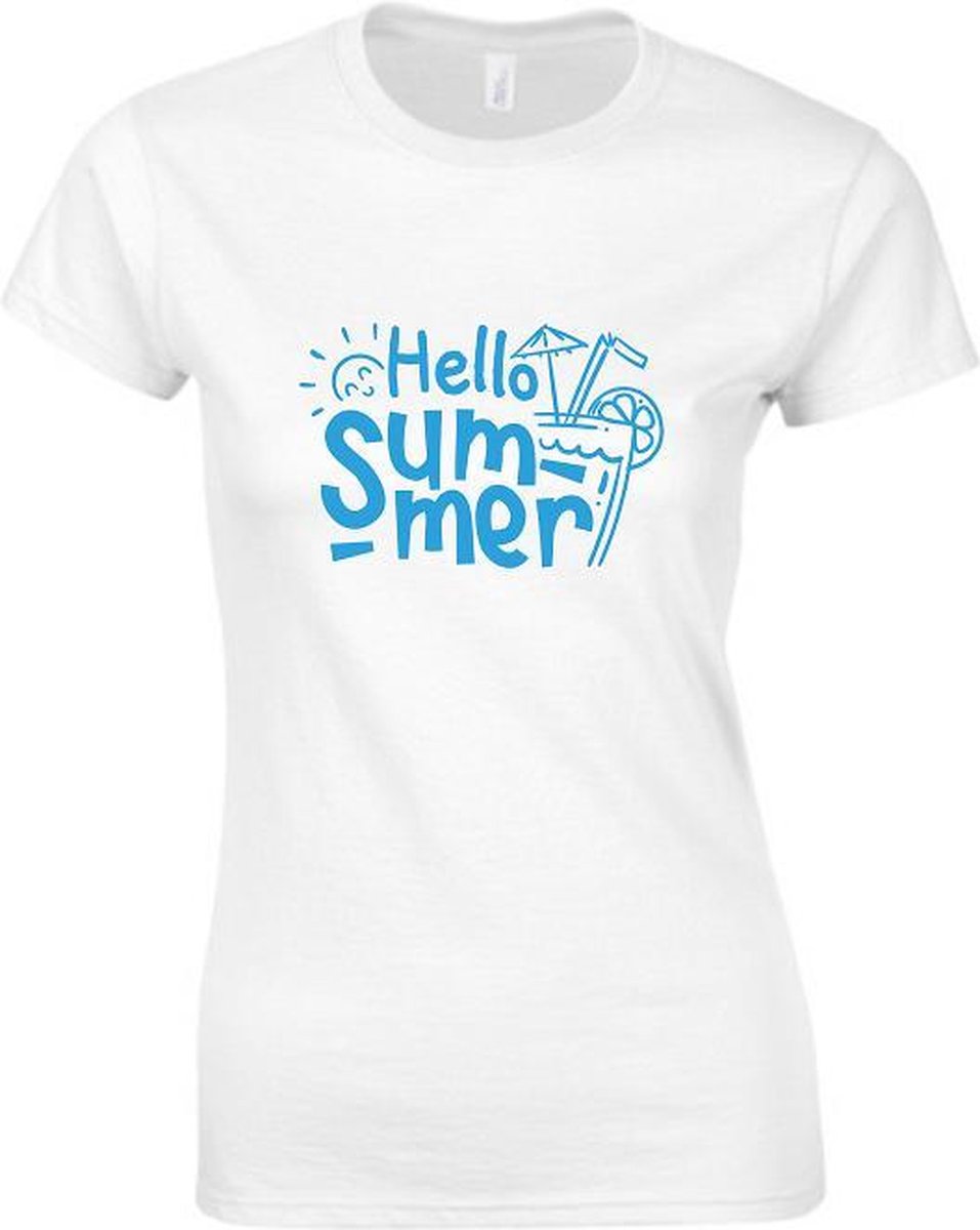 HELLO SUMMER Dames TSHIRT - Neon tekst Blauw - Zomer t-shirt- SMALL