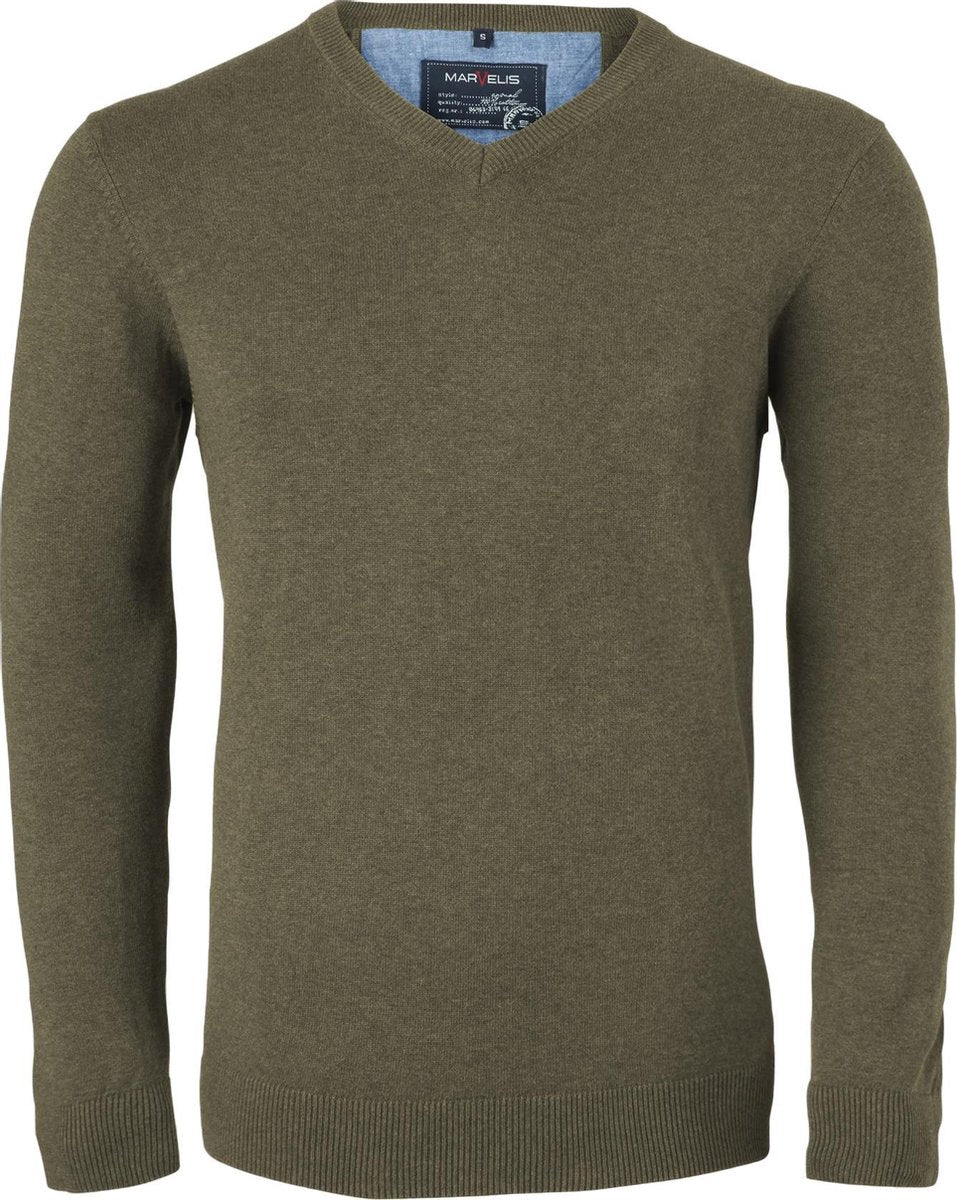 MARVELIS heren trui katoen - V-hals - mosgroen -  Maat: 3XL