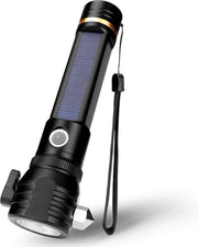 Multifunctionele outdoor LED zaklamp en powerhub oplaadbaar met zonne-energie en via USB (waterproof).