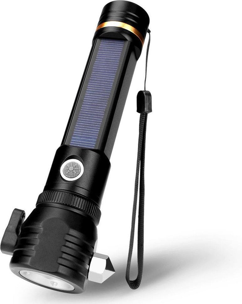 Multifunctionele outdoor LED zaklamp en powerhub oplaadbaar met zonne-energie en via USB (waterproof).