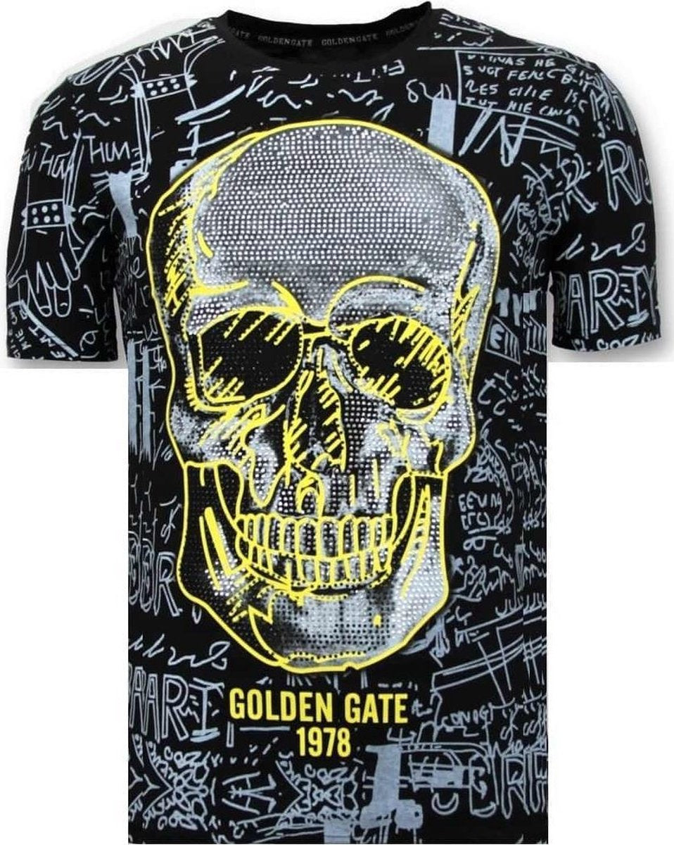 ENOS Heren T-shirt Doodskop - Rhinestones - 7356 - Zwart - Maten: M