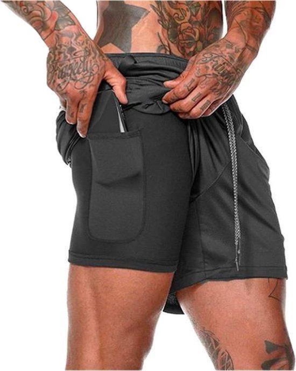 Sportbroek voor Heren - Gym broek met mobiel zak - 2 in 1 Shorts - Sport broekje – Fitness broek – Thermo sportbroek - trainingsbroek - short pants – Heren sportbroek