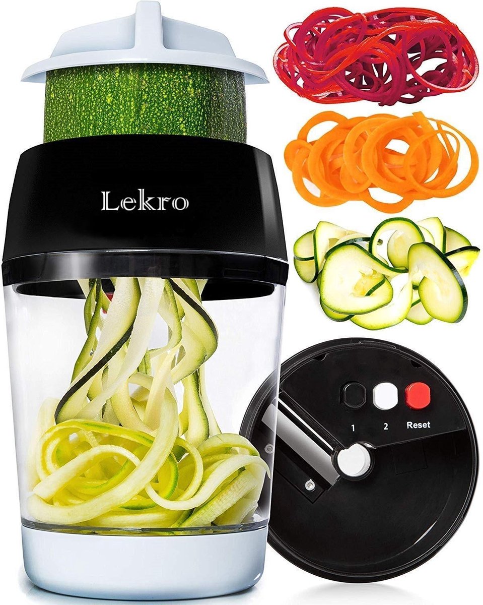 Lekro Spiraalsnijder + E-book met Recepten - Groentesnijder - Spiralizer - 3 standen - Opvangbak - Zwart/Wit