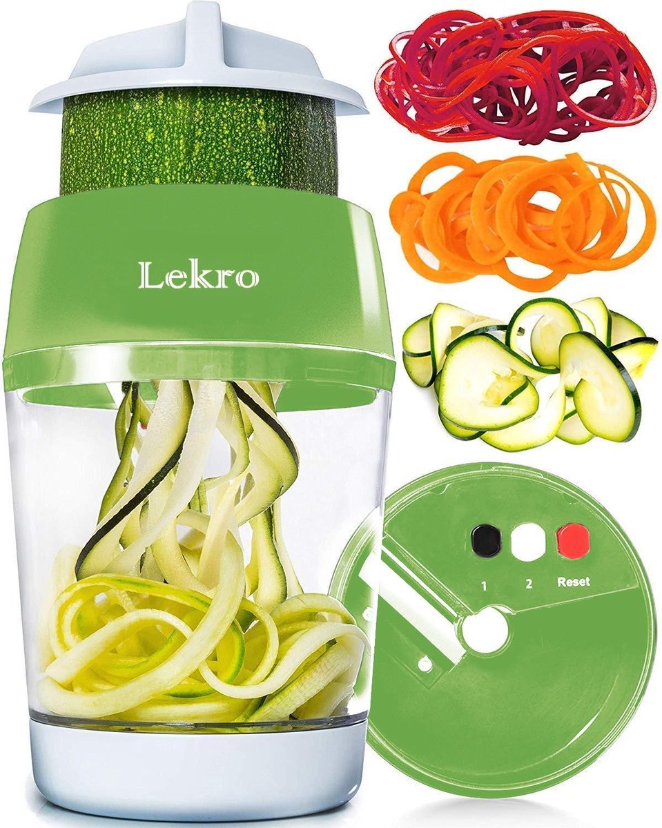 Lekro Spiraalsnijder + E-book met Recepten - Groentesnijder - Spiralizer - 3 standen - Opvangbak - Groen/Wit
