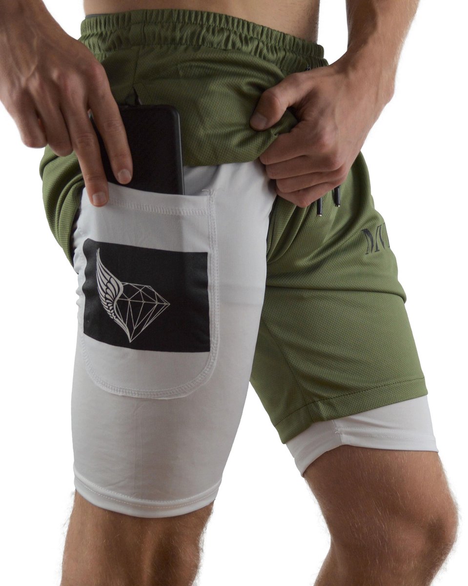 MVLOUS Sportbroek voor Heren - kort - Fitness broek met mobiel zak - 2 in 1 Sportbroekje - Groen - L