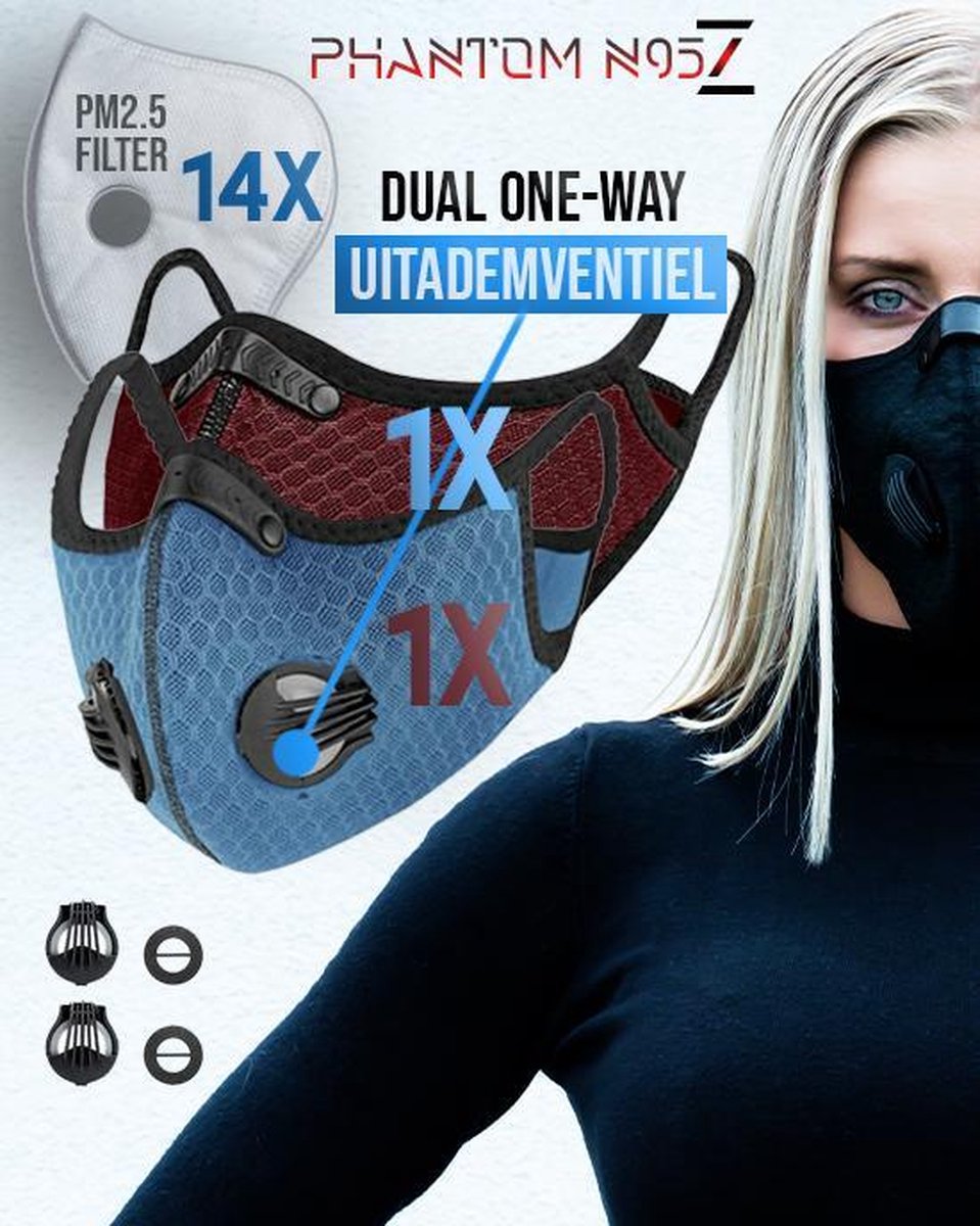 Phantom N95 Z-mask Duo-pakket - mondkapje Blauw/Deep-Red + 14 N95 filters
