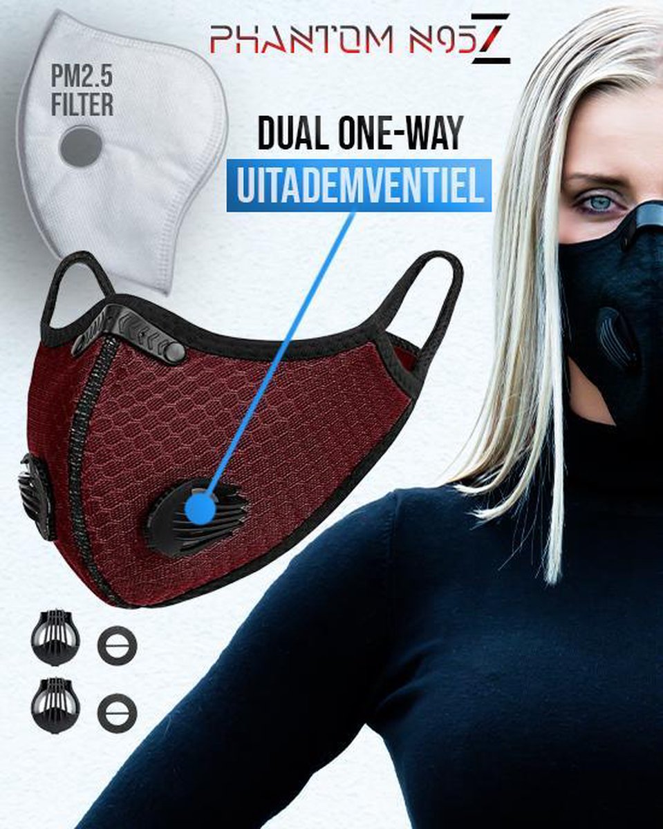 Phantom N95 Z sportmasker (mondmasker) inclusief 1 N95 Filters - deep-red
