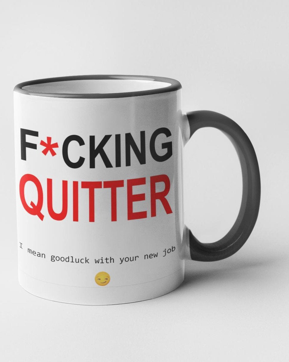Mok met zwart oor- F*CKING QUITTER-voor collega die weggaat-cadeau-afscheidscadeau-beker 330 ml-nieuwe baan