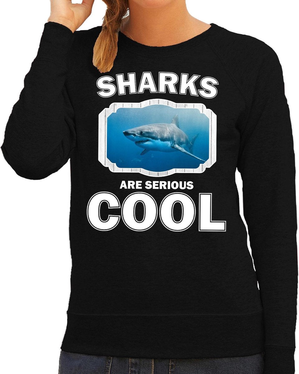 Dieren haaien sweater zwart dames - sharks are serious cool trui - cadeau sweater haai/ haaien liefhebber S