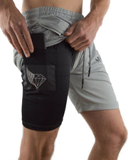 MVLOUS Sportbroek voor Heren - kort - Fitness broek met mobiel zak - 2 in 1 Sportbroekje - Grijs - M