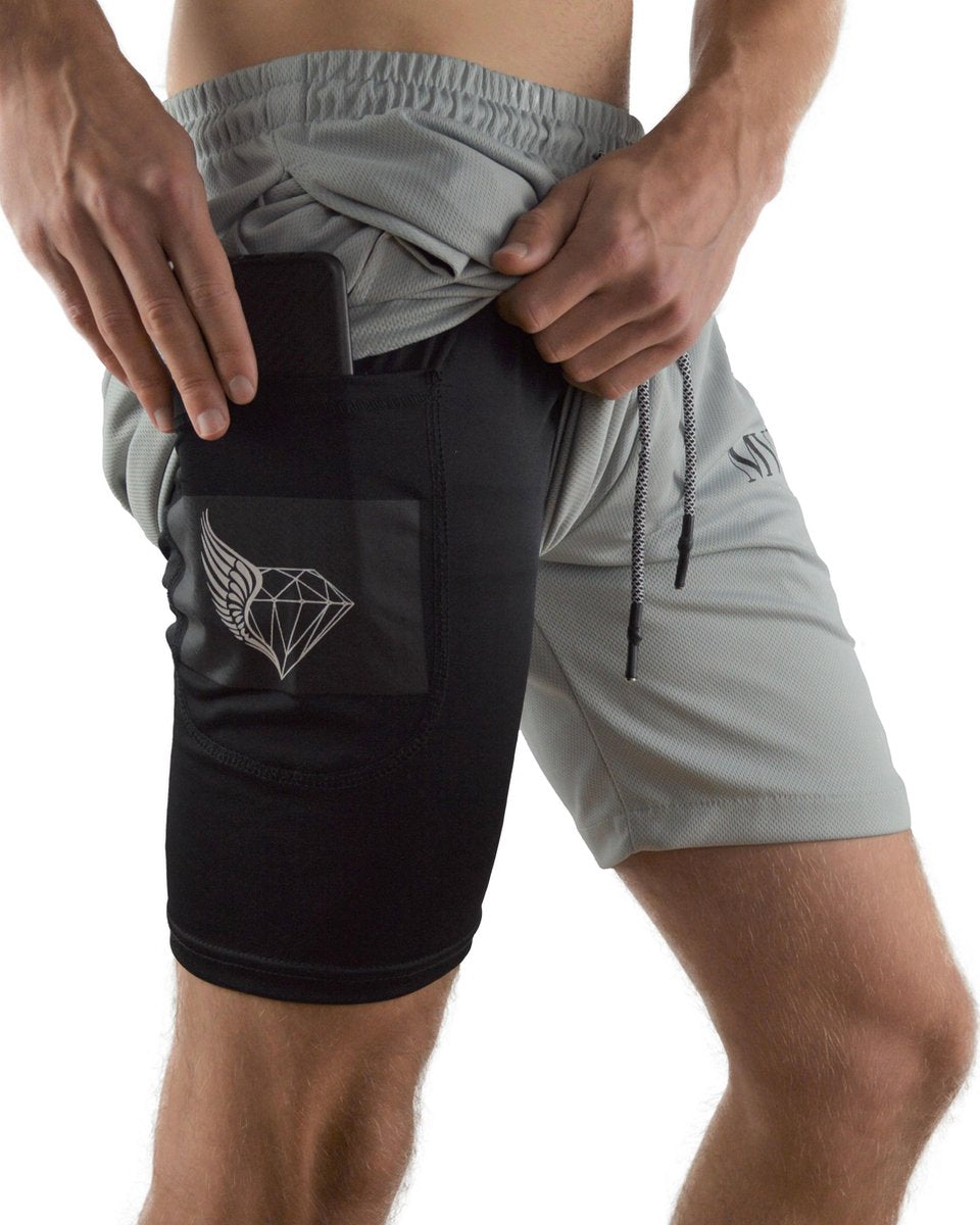 MVLOUS Sportbroek voor Heren - kort - Fitness broek met mobiel zak - 2 in 1 Sportbroekje - Grijs - M
