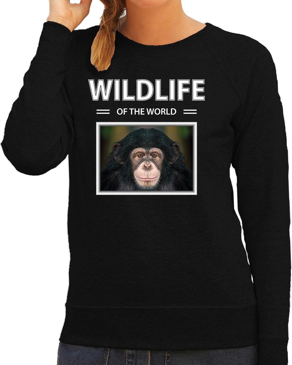 Dieren foto sweater Aap - zwart - dames - wildlife of the world - cadeau trui Chimpansee apen liefhebber L