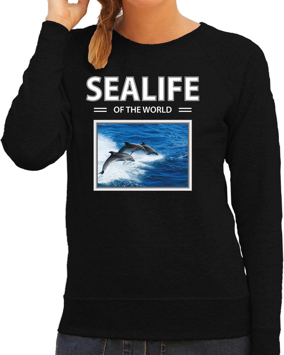Dieren foto sweater Dolfijn - zwart - dames - sealife of the world - cadeau trui Dolfijnen liefhebber XL