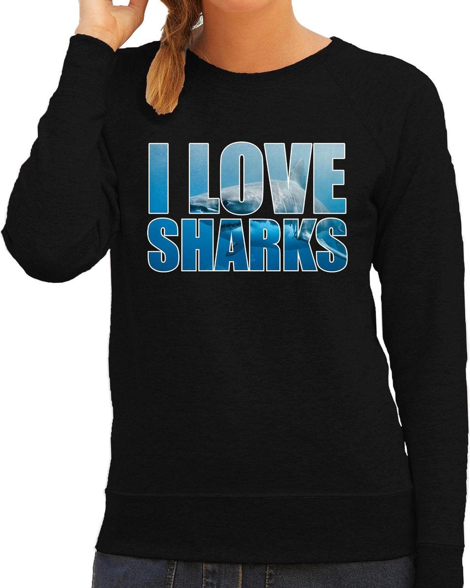 Tekst sweater I love sharks met dieren foto van een haai zwart voor dames - cadeau trui haaien liefhebber L