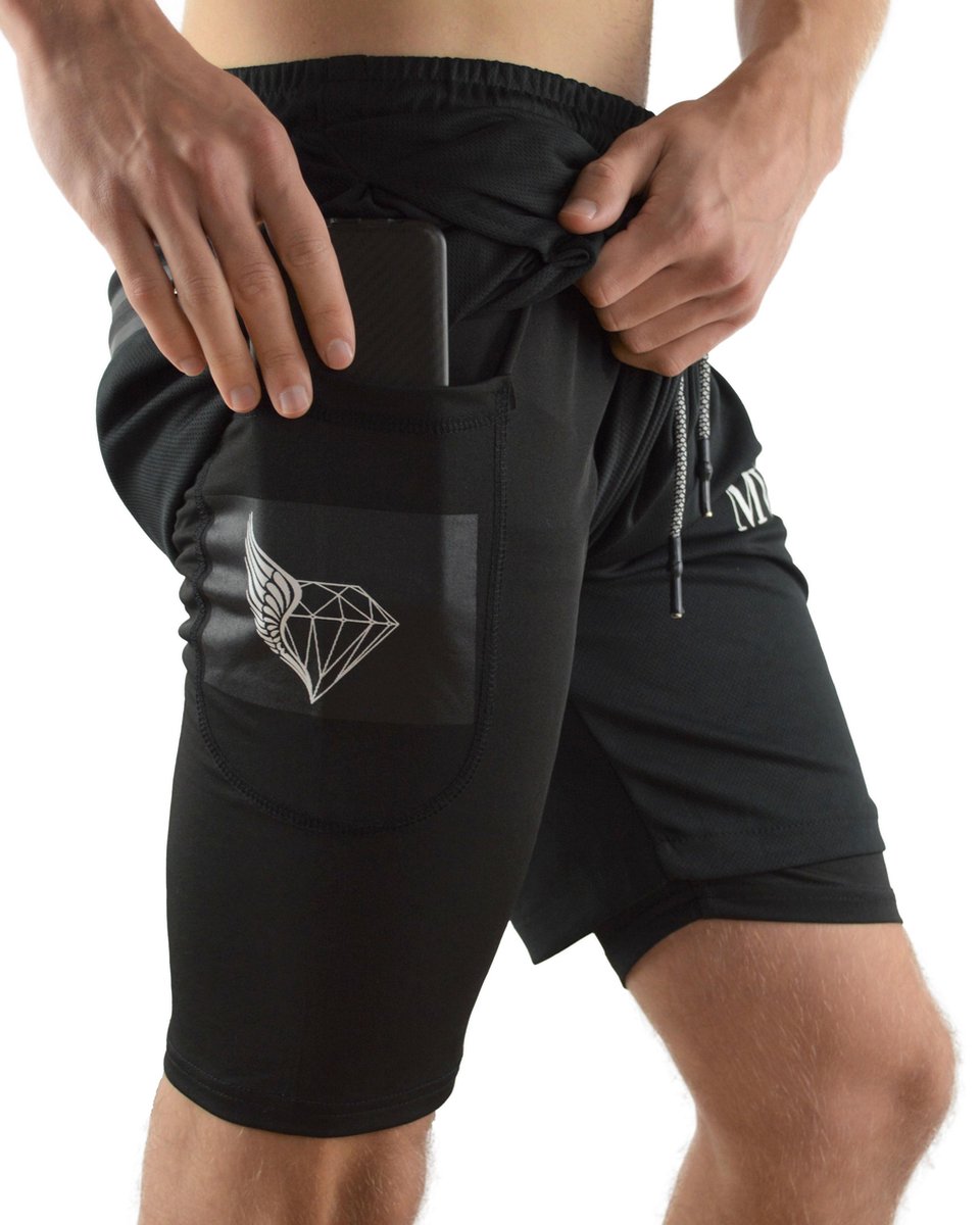 MVLOUS Sportbroek voor Heren - kort - Fitness broek met mobiel zak - 2 in 1 Sportbroekje - Zwart - XXL