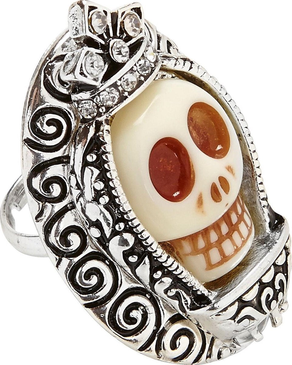 Zilverkleurige ring met schedel en strass voor volwassenen - Verkleedattribuut
