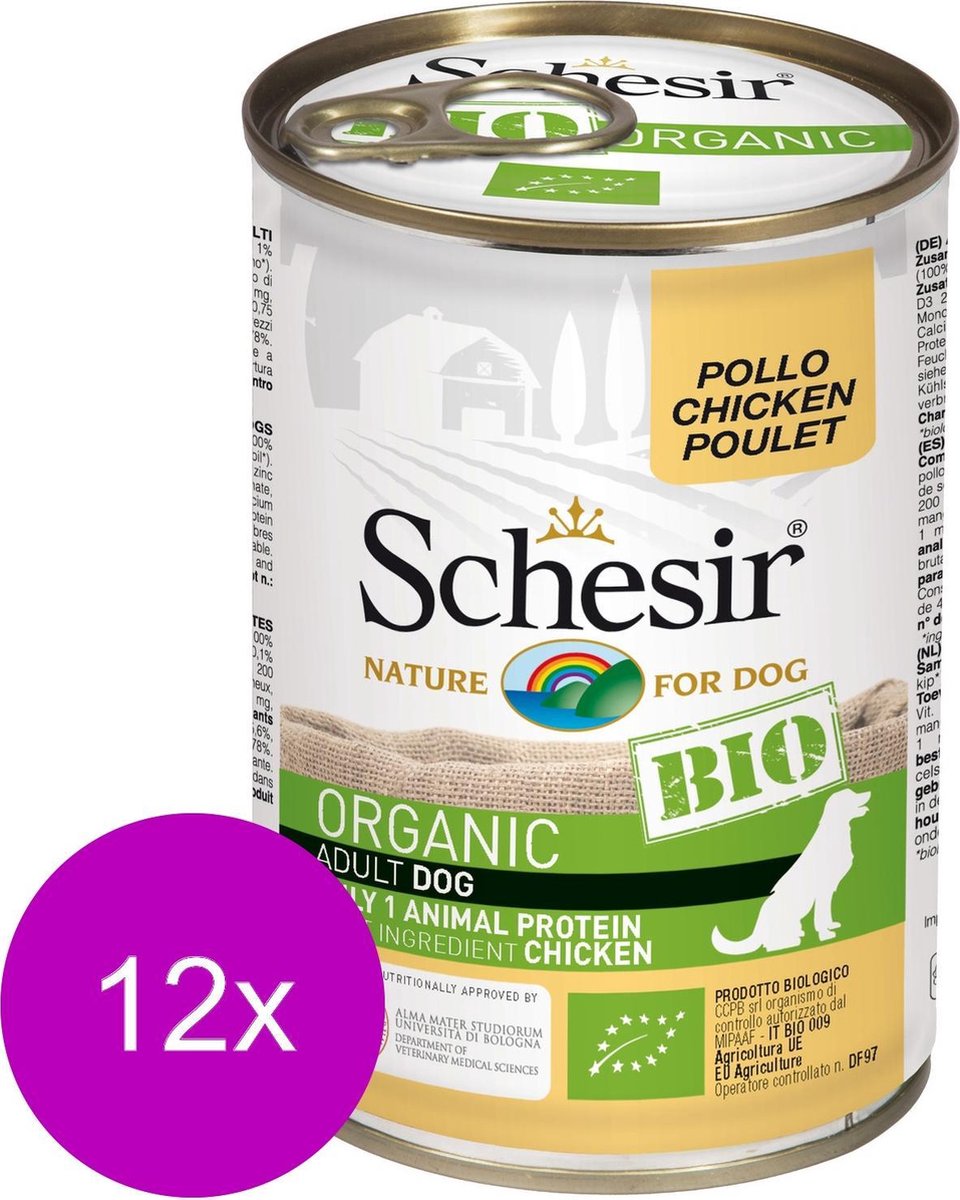 Schesir Hond Bio Blik Paté 400 g - Hondenvoer - 12 x Kip