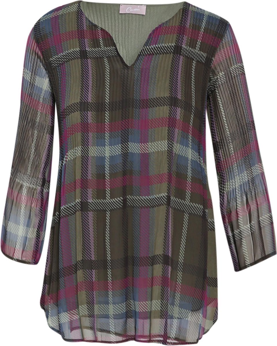 Cassis - Geruite plisséblouse - Kaki