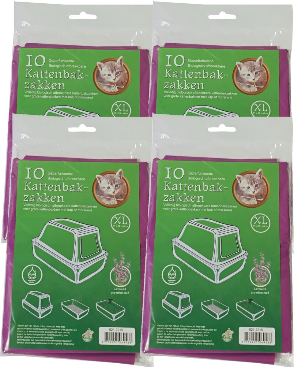 40x stuks bio kattenbak afvalzakken lavendel 51 x 20 x 46 cm - Kattenbakzakken