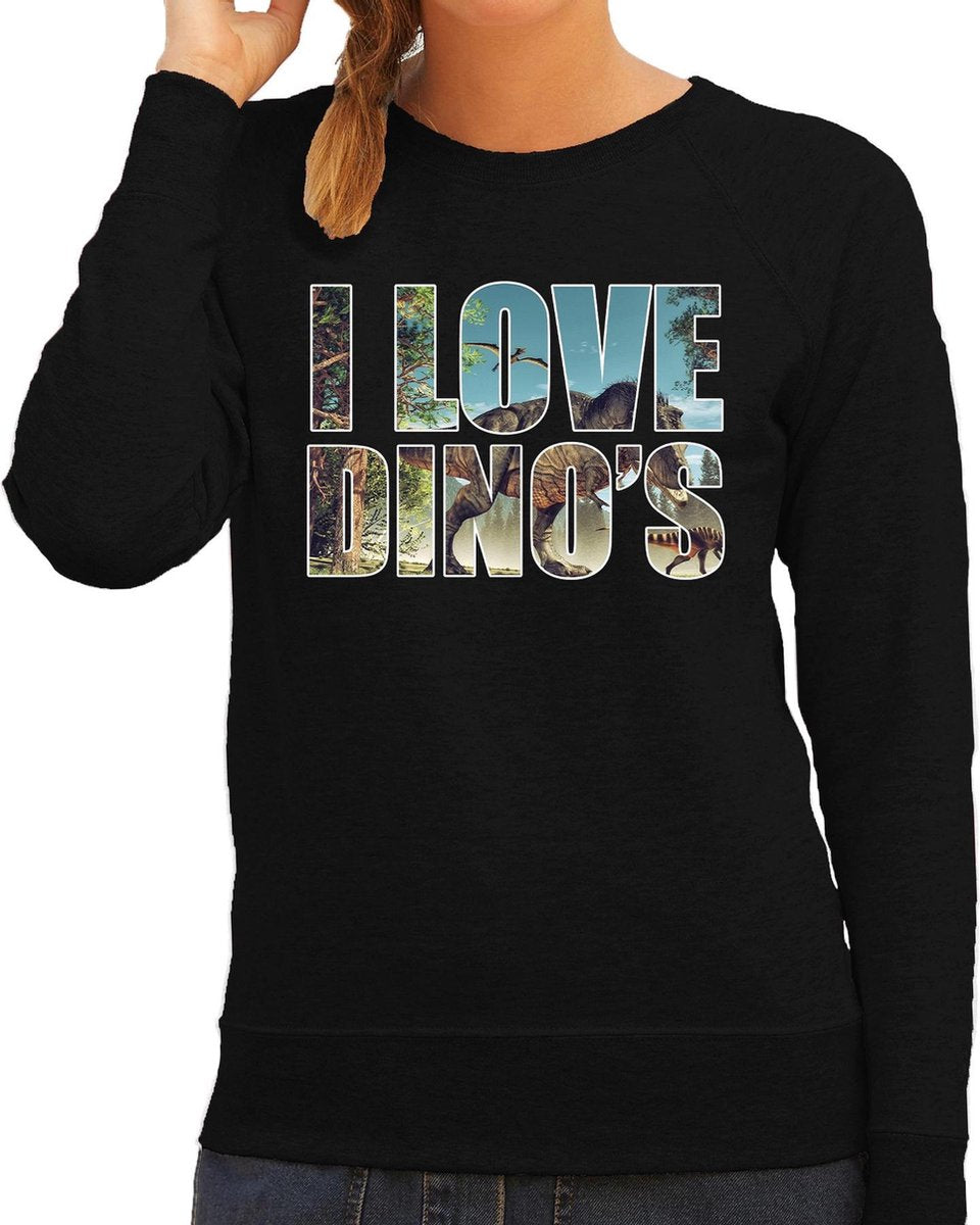Tekst sweater I love dinosaurs met dieren foto van een dino zwart voor dames - cadeau trui T-Rex dinosauriers liefhebber S