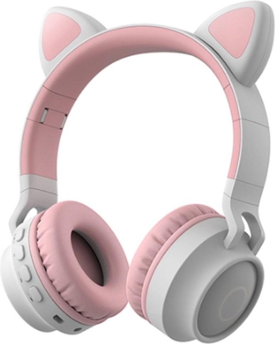 Kinder hoofdtelefoon - koptelefoon Bluetooth met led katoortjes licht grijs - roze - NIEUW